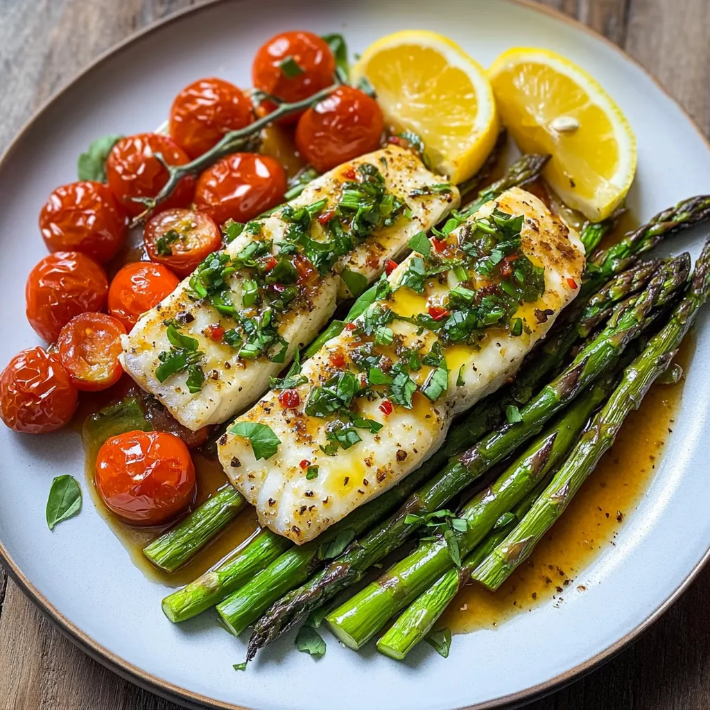 A plate of food with fish, tomatoes, and asparagus.