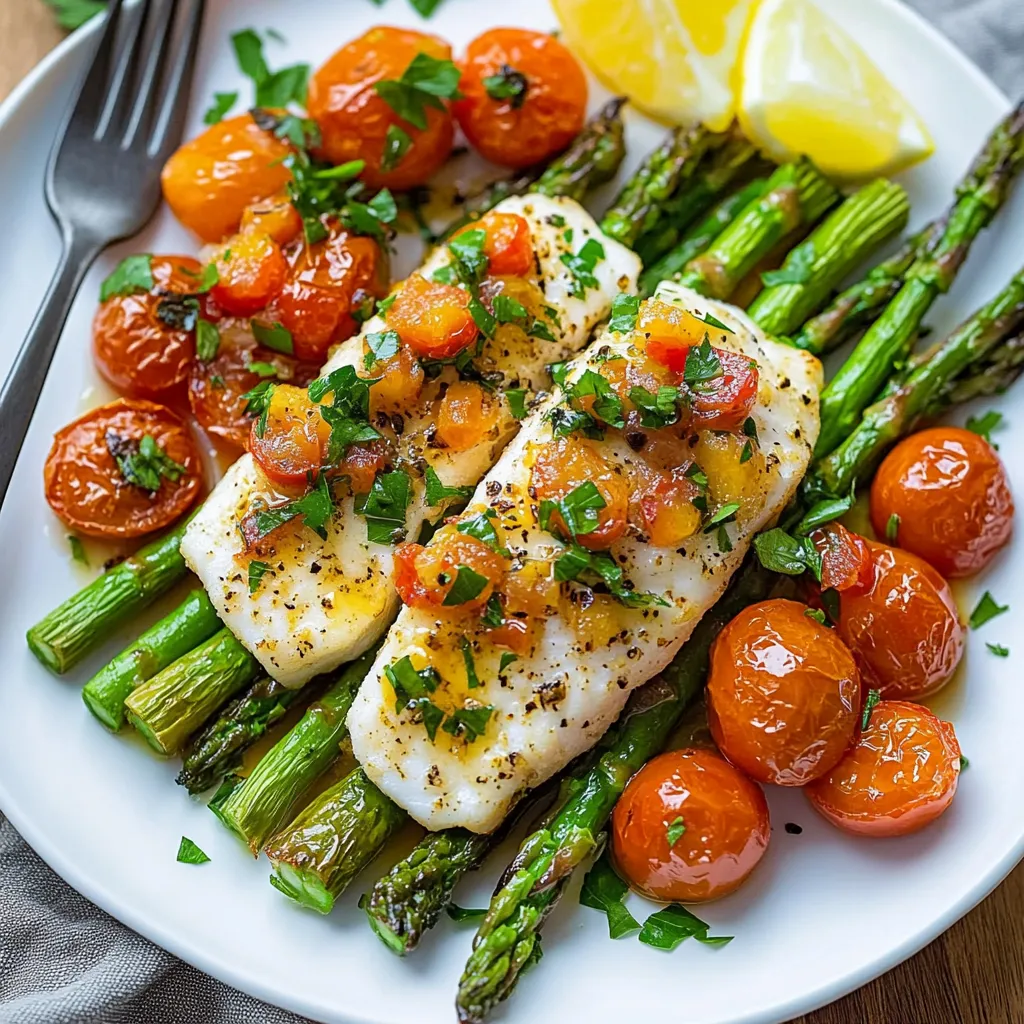 A plate of food with fish, tomatoes, asparagus, and lemon.