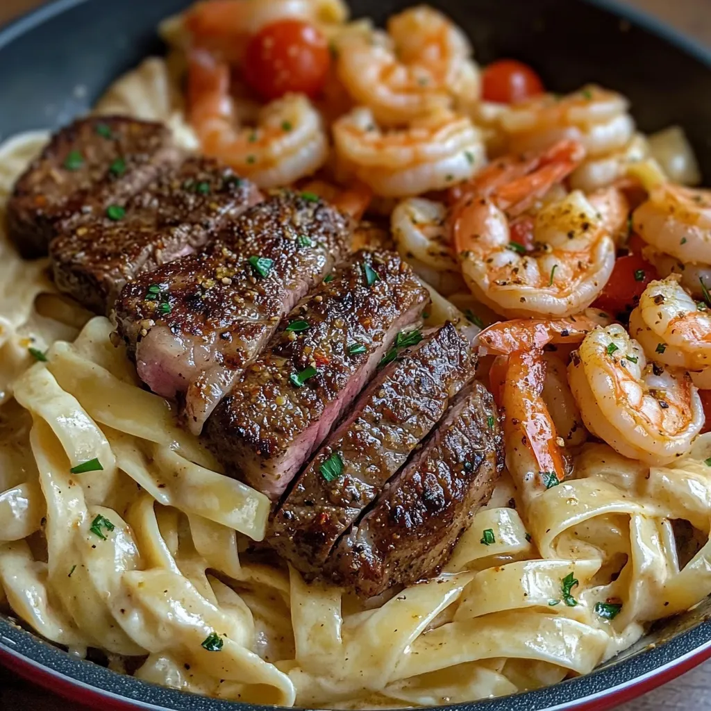 A plate of food with shrimp, tomatoes, and steak.