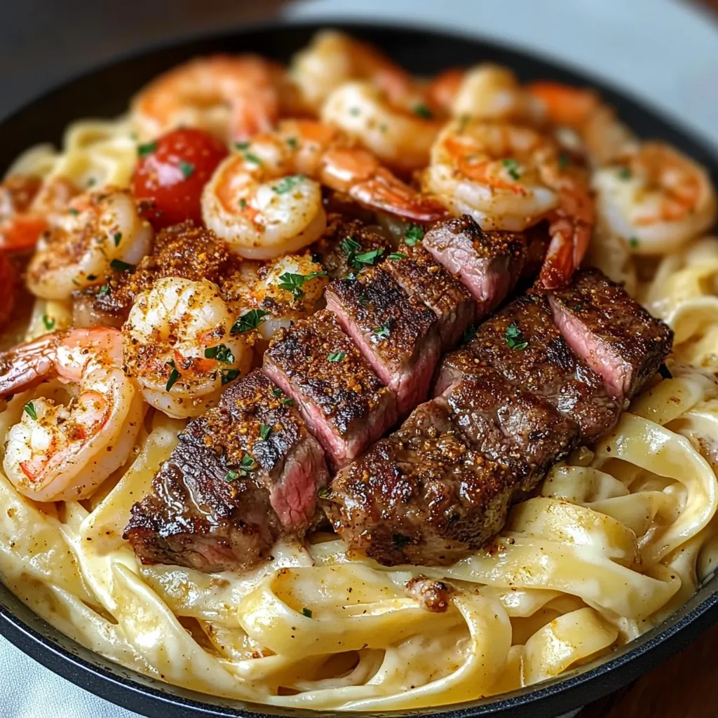 A plate of shrimp and steak.
