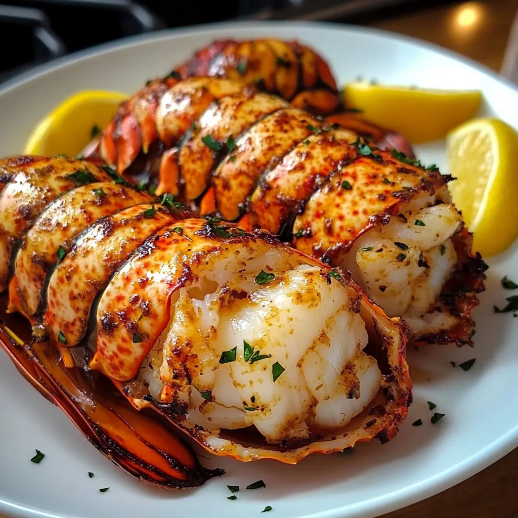 A plate of lobster with lemon wedges.