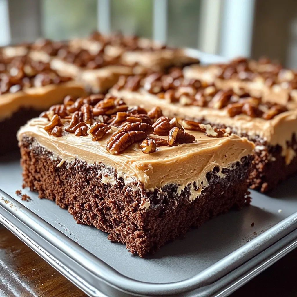 A square of chocolate cake with pecans.