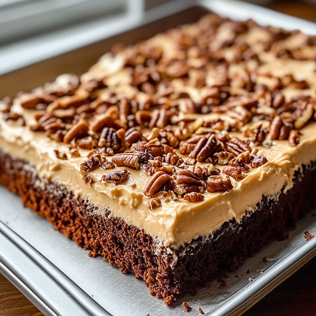 A slice of chocolate cake with pecans.