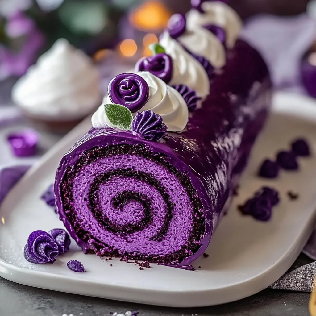A purple cake with white frosting and purple flowers on top.