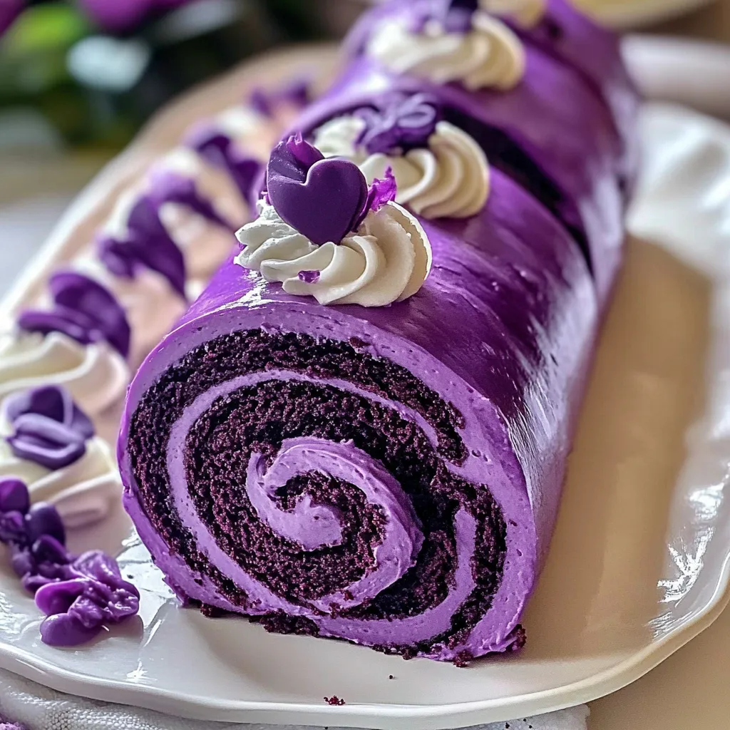 A purple cake with white frosting and purple flowers.