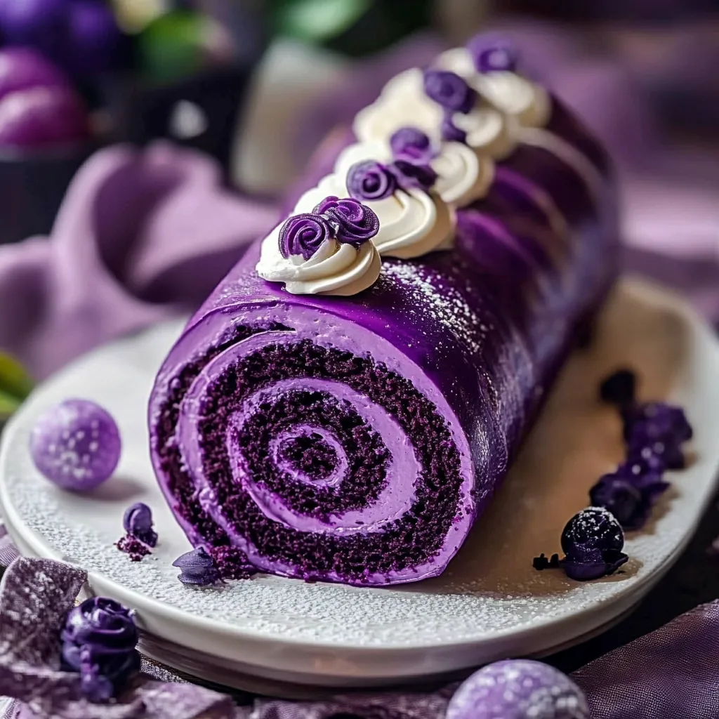 A purple cake with white frosting and purple flowers.