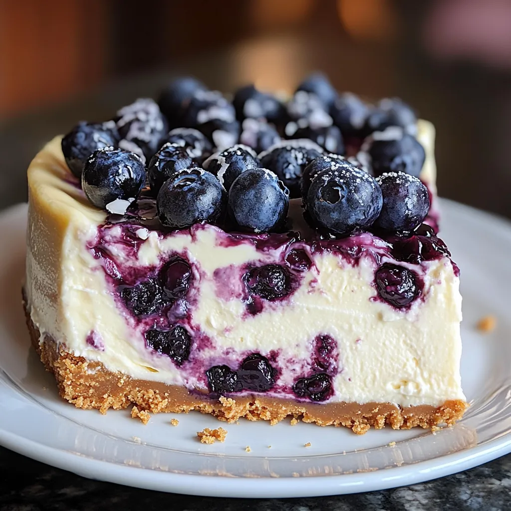 A slice of blueberry cheesecake on a plate.