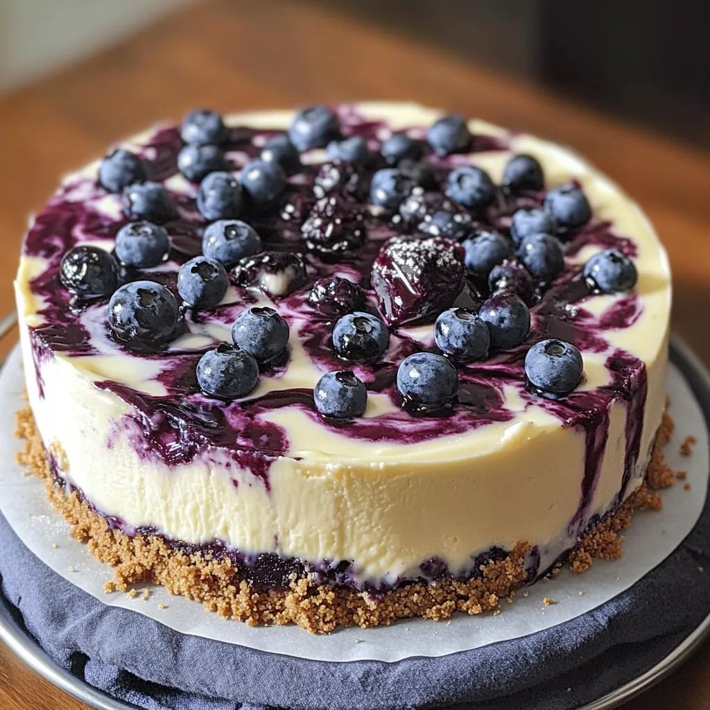 A slice of blueberry cheesecake on a plate.