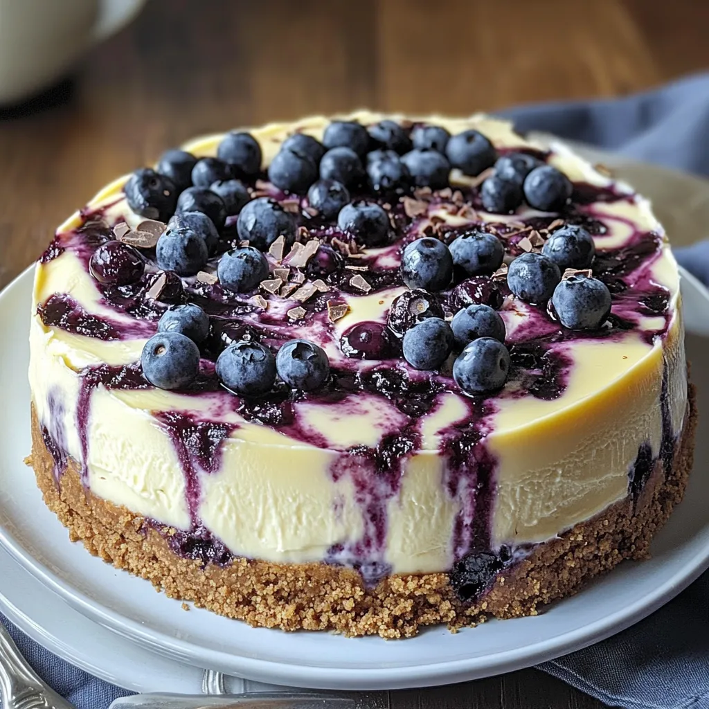 A slice of blueberry cheesecake on a white plate.