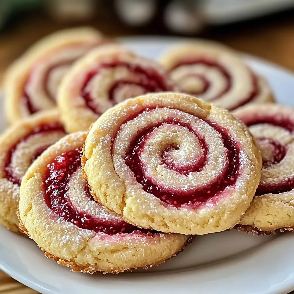 A plate of cookies with red swirls.