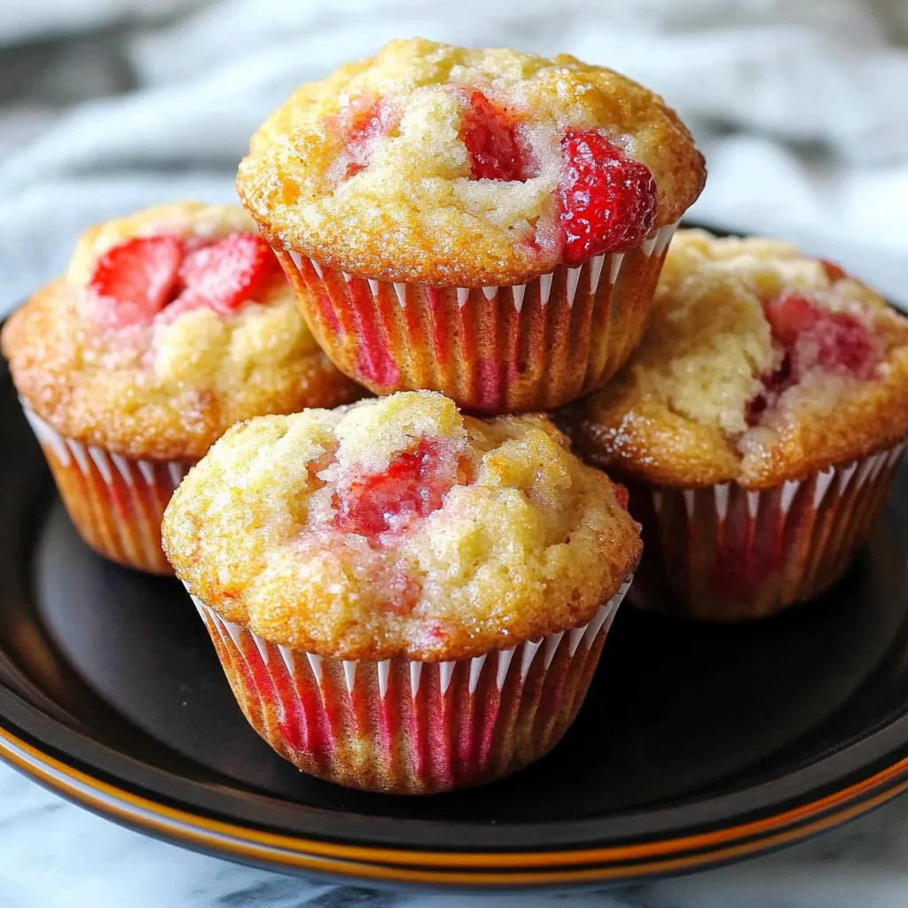 A plate of muffins with strawberries on top.