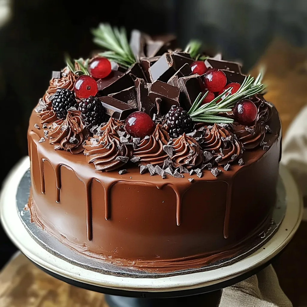 A chocolate cake with chocolate icing and berries.