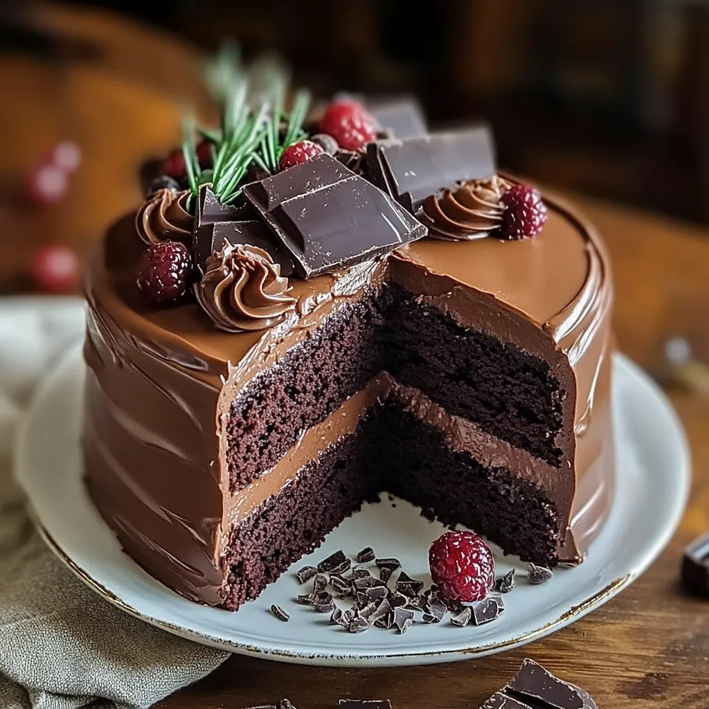A slice of chocolate cake with raspberries.
