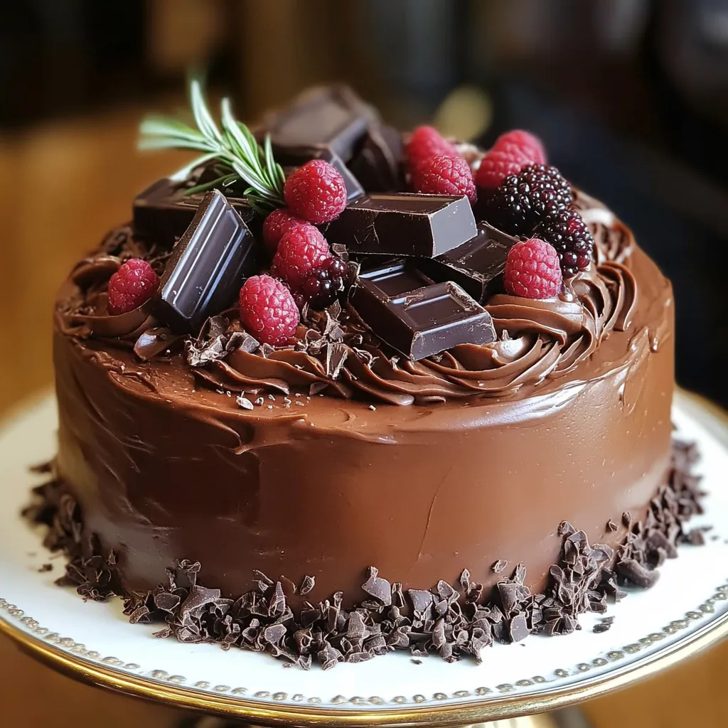 Chocolate cake with chocolate chips and raspberries.