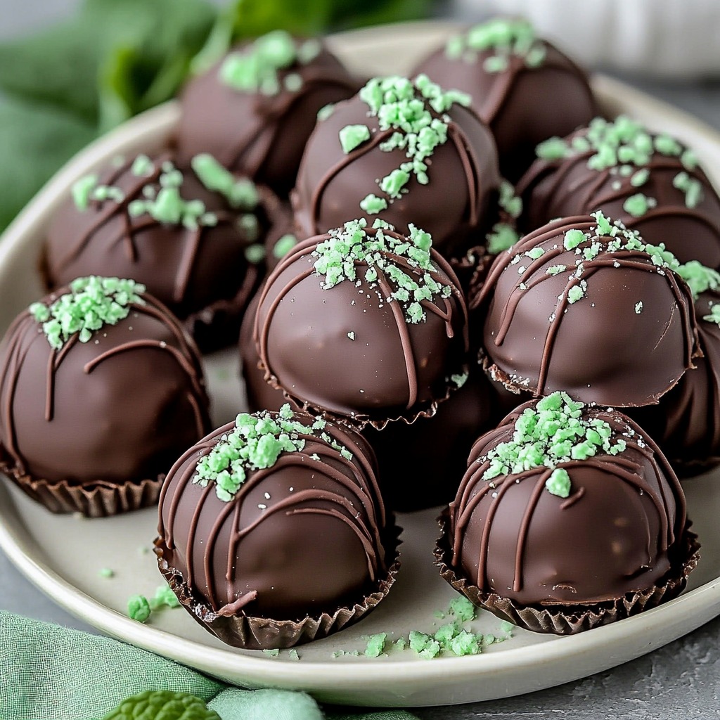 Chocolate balls with green sprinkles on a plate.