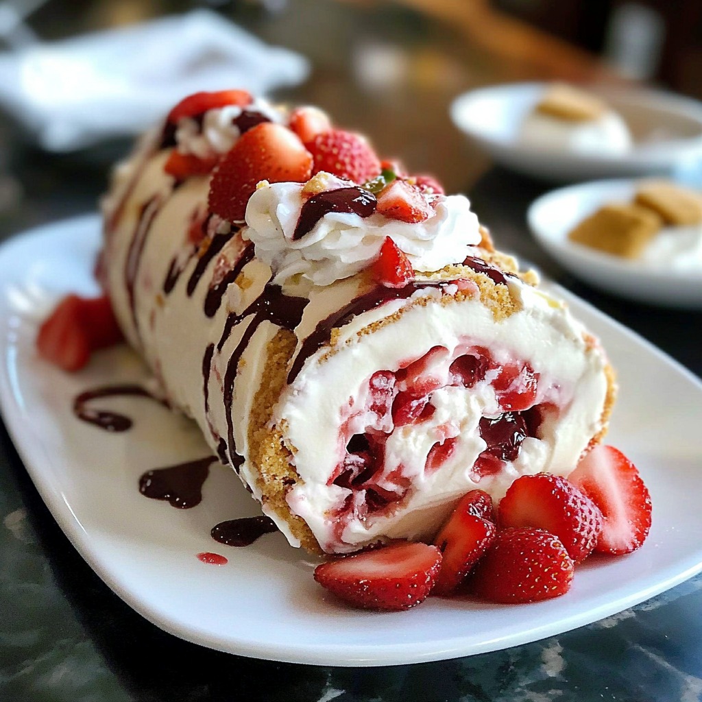 A cake with strawberries and whipped cream on a plate.