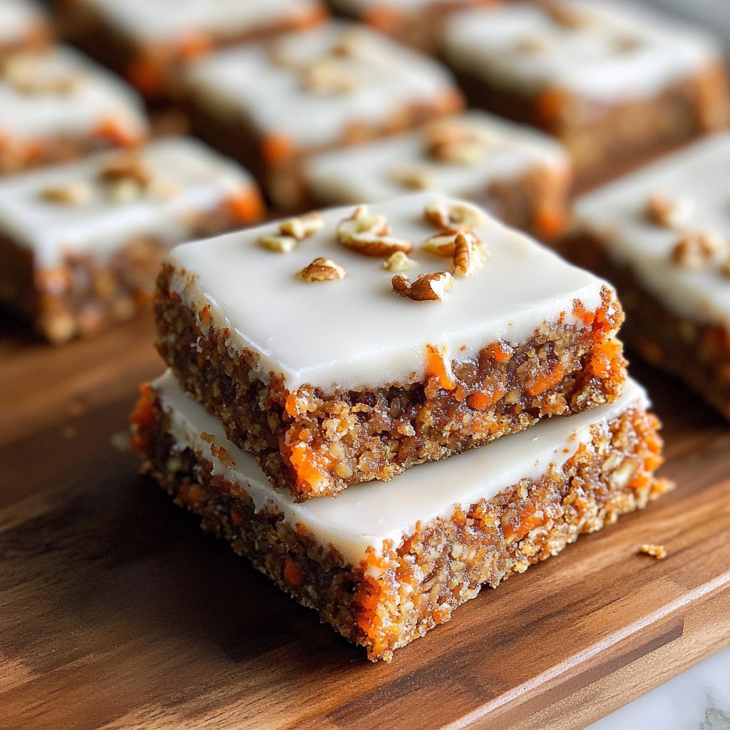 A square of carrot cake on a wooden cutting board.