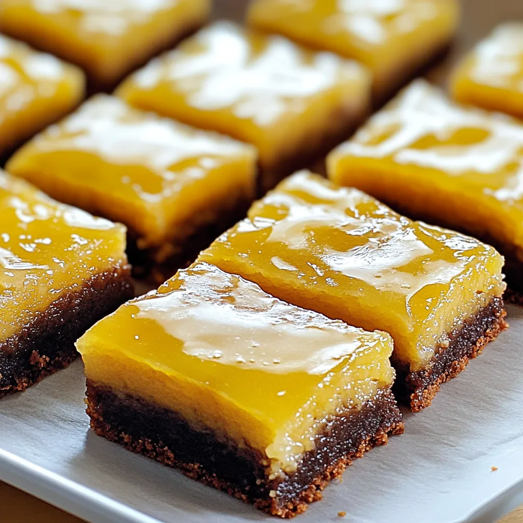 A square of brownie with a yellow icing.