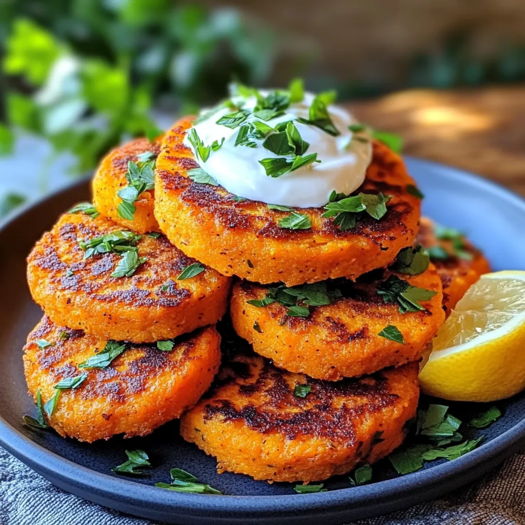 A stack of orange pancakes with white sauce on top.