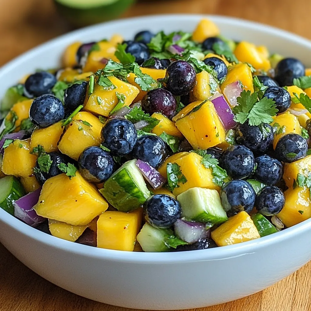 A bowl of fruit with blueberries and mango.