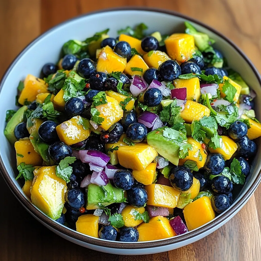 A bowl of fruit salad with blueberries, avocado, and onions.