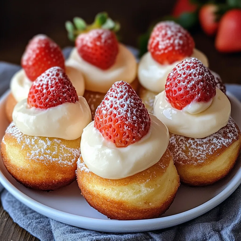 A plate of strawberry shortcake with powdered sugar.