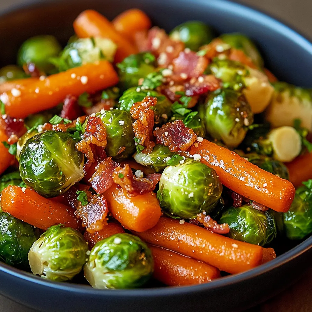 A bowl of vegetables including carrots and brussels sprouts.