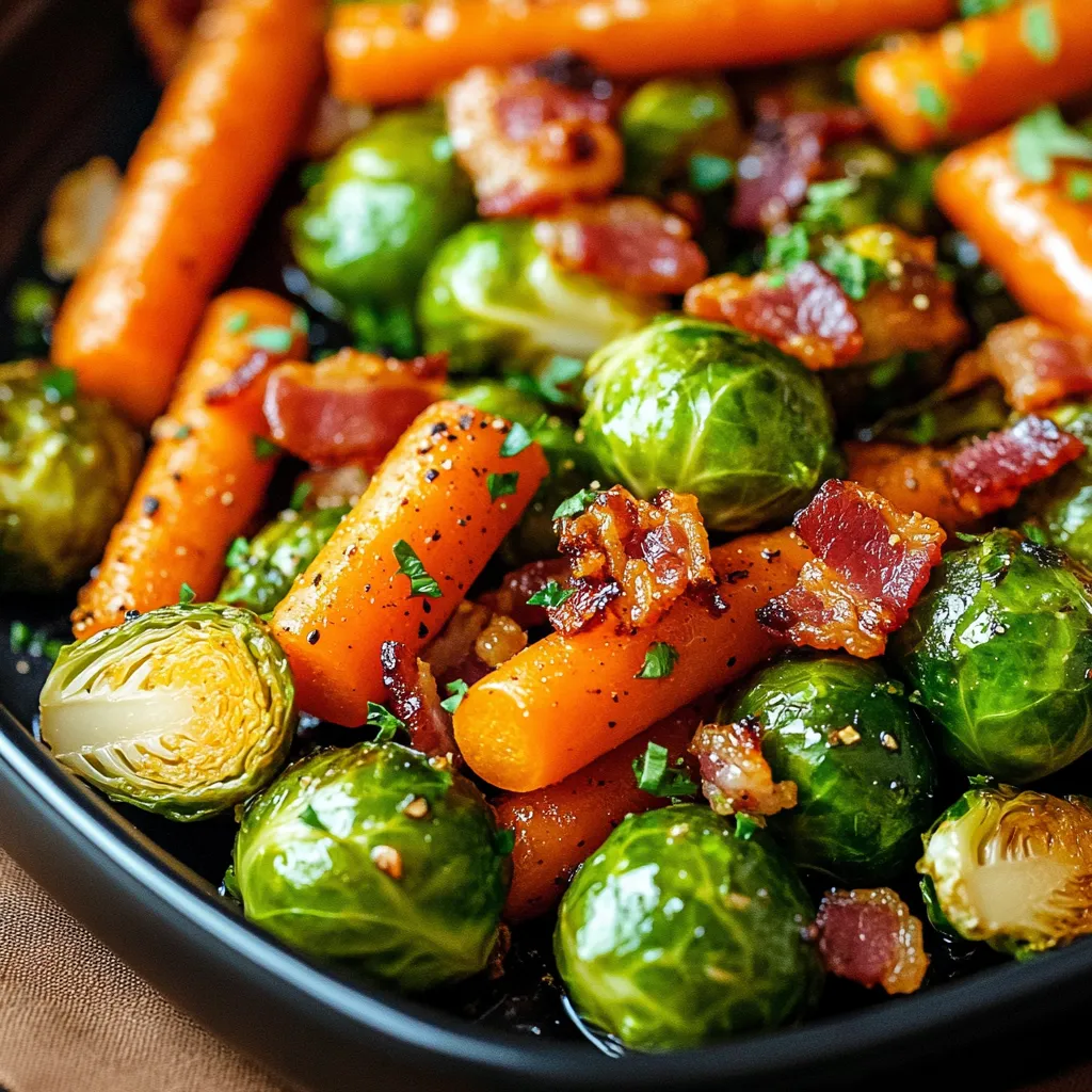 A bowl of vegetables including carrots and brussels sprouts.