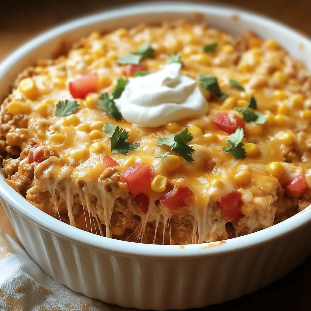 A bowl of food with a white sauce on top.