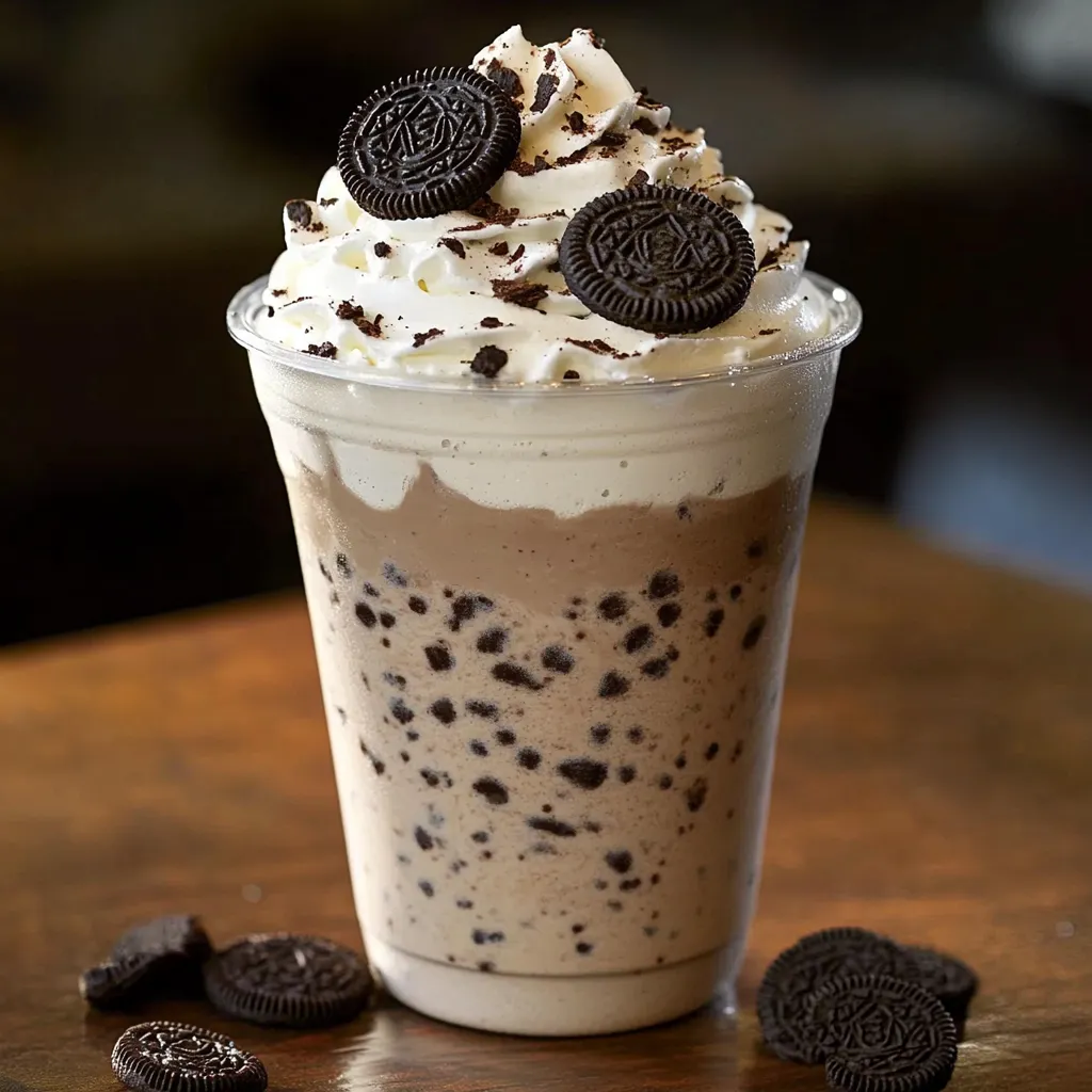 A cup of milkshake with chocolate and white toppings.