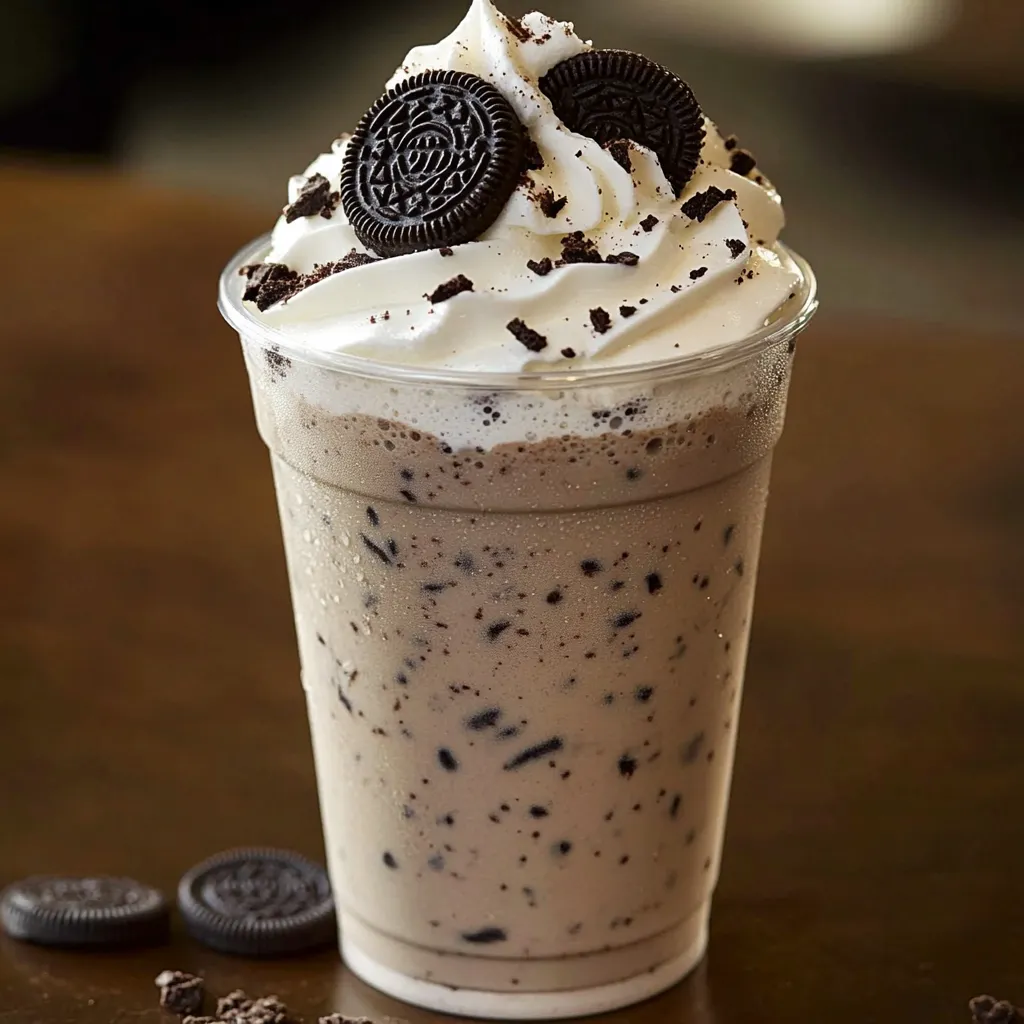 A cup of milkshake with cookies on top.