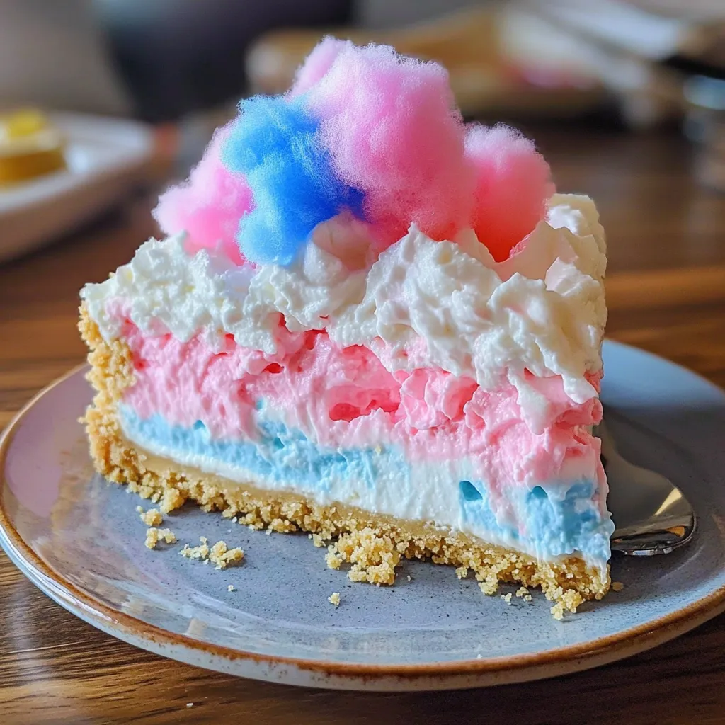 A slice of pie with pink, blue, and white frosting.