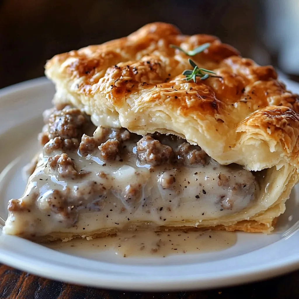 A pastry with meat and cheese on a plate.