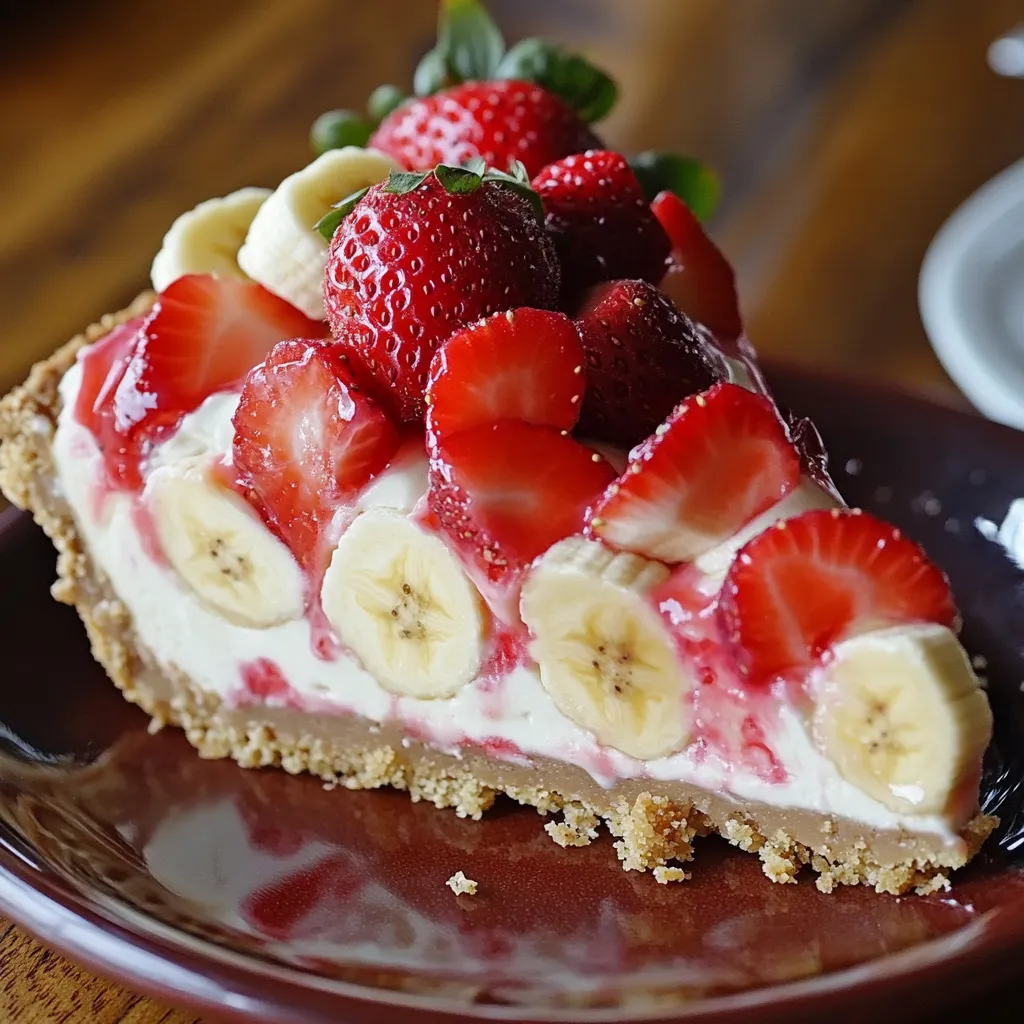 A slice of pie with bananas and strawberries.