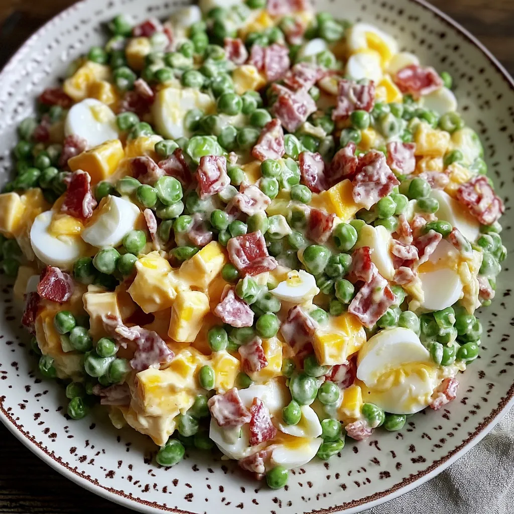 A plate of food with eggs, peas, and ham.