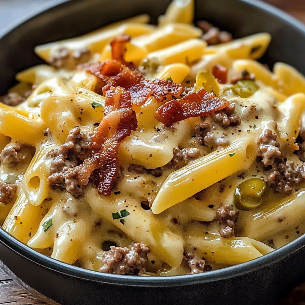 A bowl of pasta with bacon and cheese.