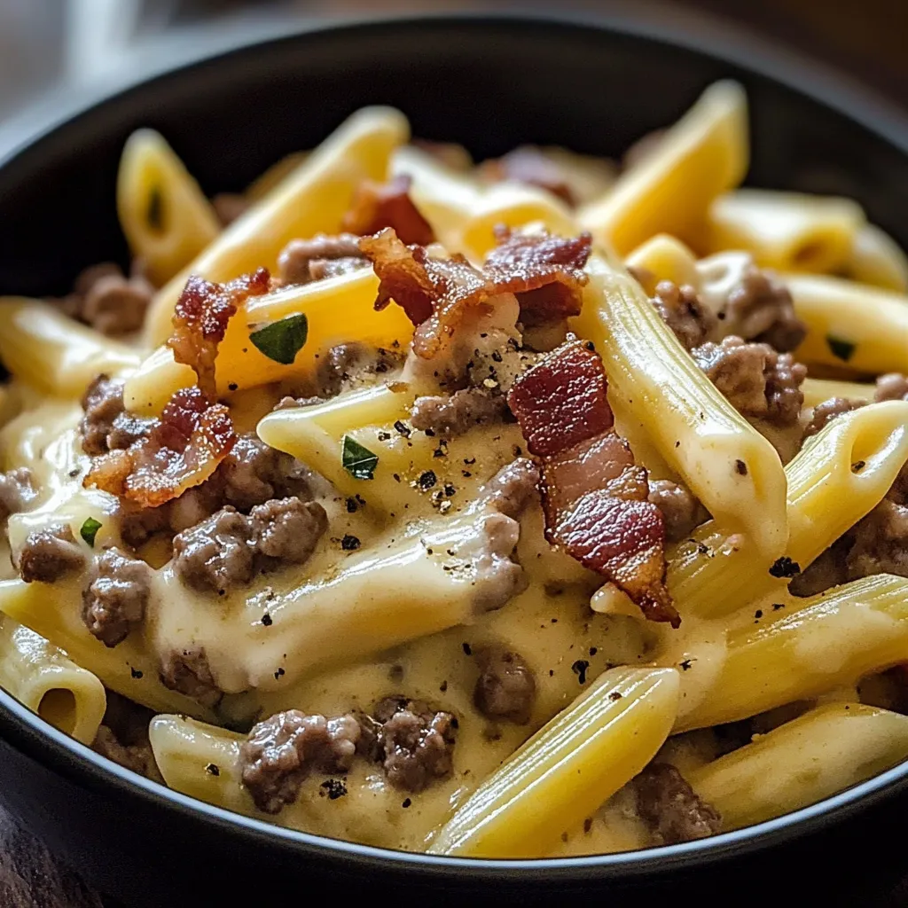 A bowl of pasta with bacon and cheese.