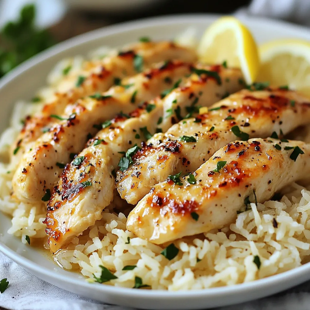 A plate of chicken with rice and lemon.