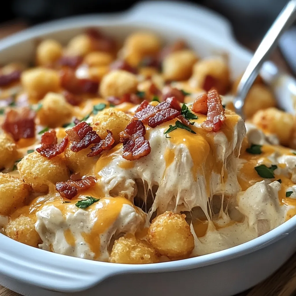 A bowl of bacon and cheese covered tater tots.