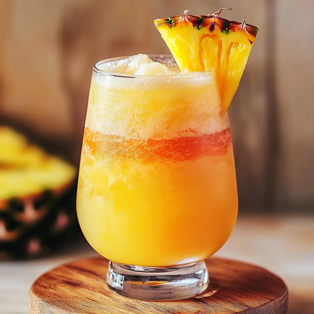 A glass of pineapple juice with a pineapple on top.