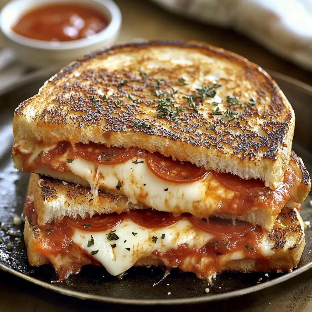 A grilled cheese sandwich with tomato sauce.