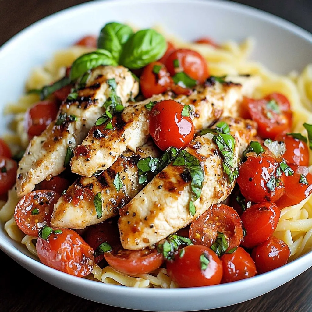 A bowl of pasta with chicken and tomatoes.