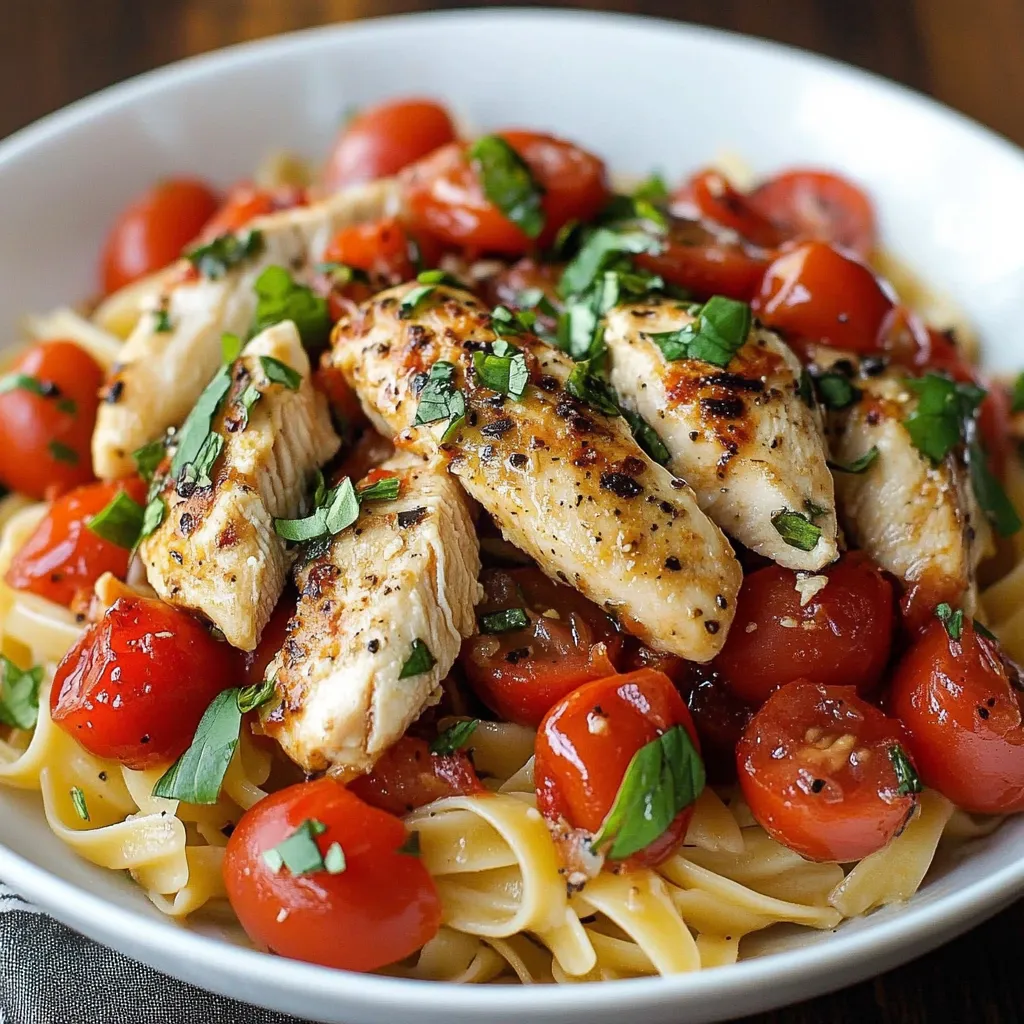 A bowl of pasta with chicken and tomatoes.