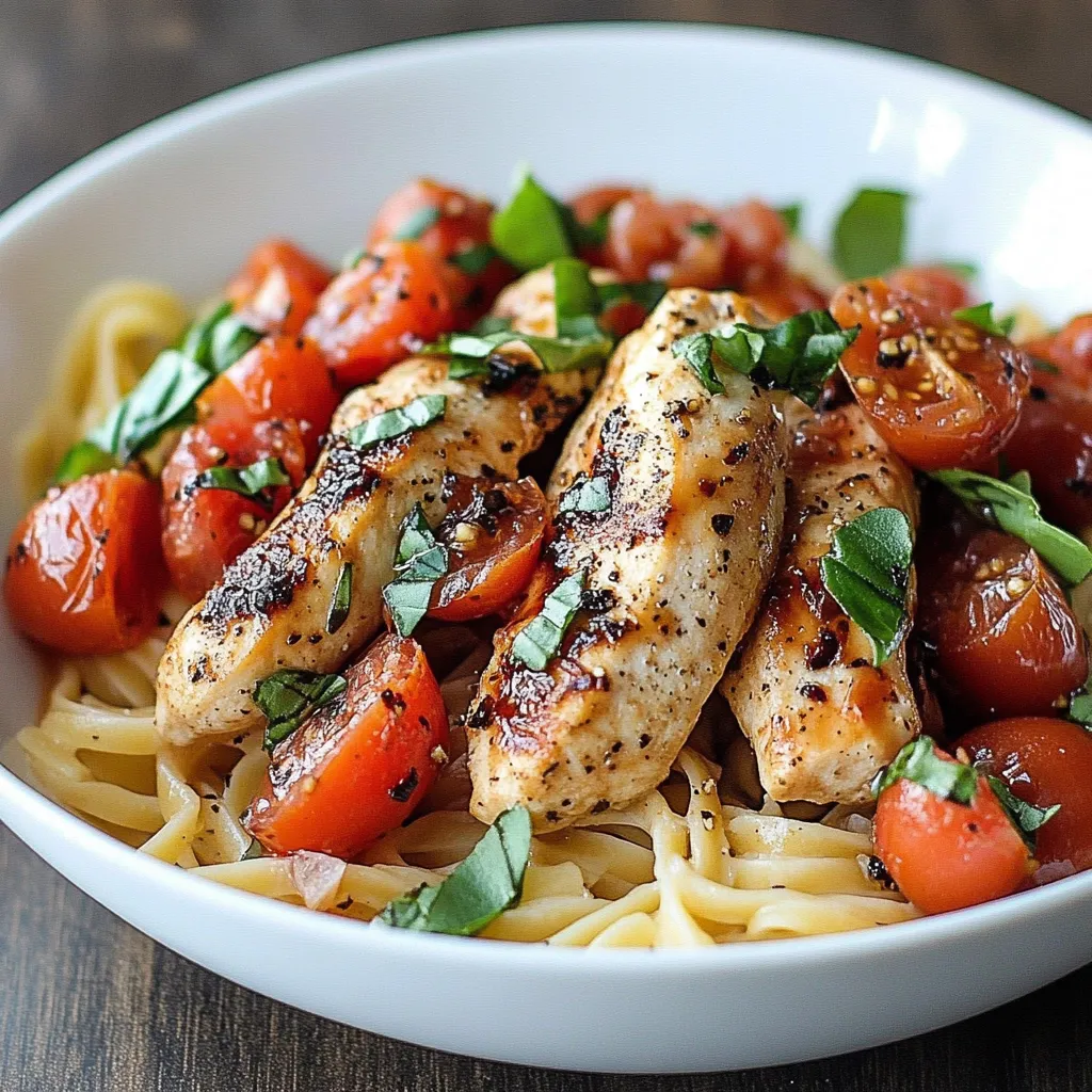 A bowl of pasta with chicken and tomatoes.