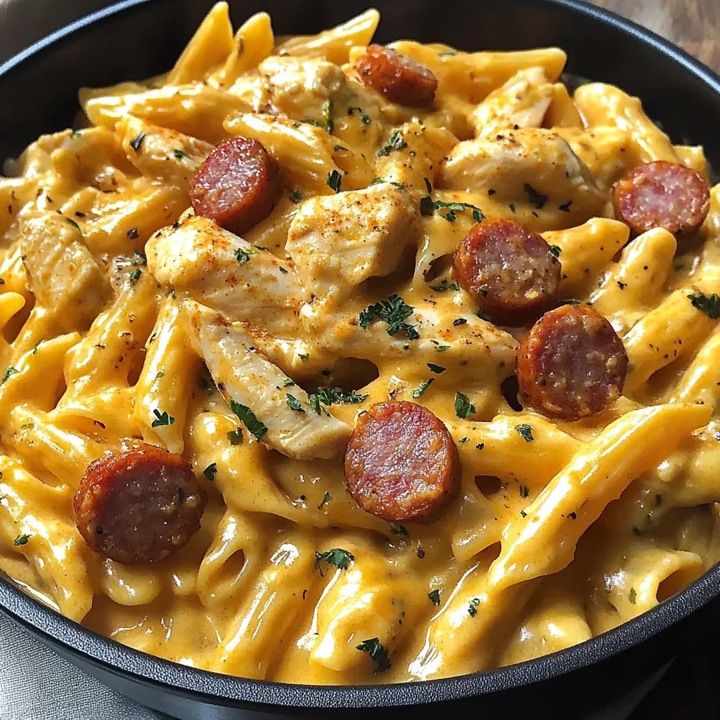 A bowl of pasta with sausage and chicken.