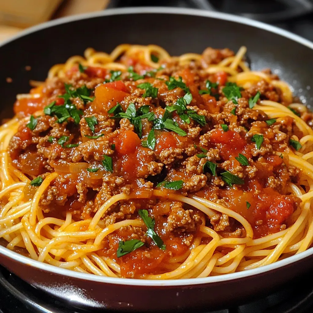 A bowl of spaghetti with meat sauce.