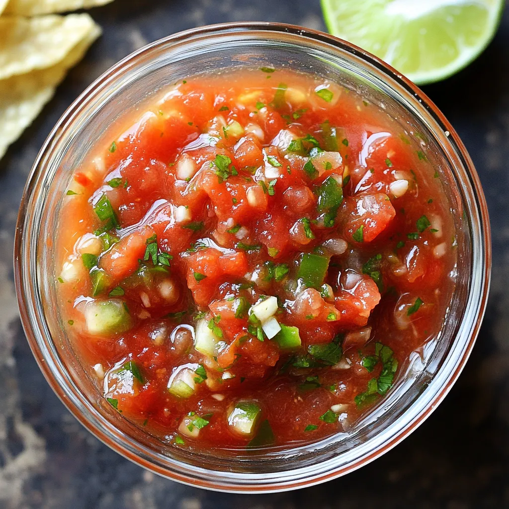 A glass of salsa with a lime wedge.