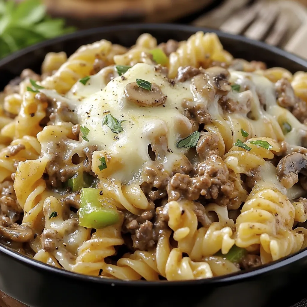 A bowl of pasta with meat and cheese.