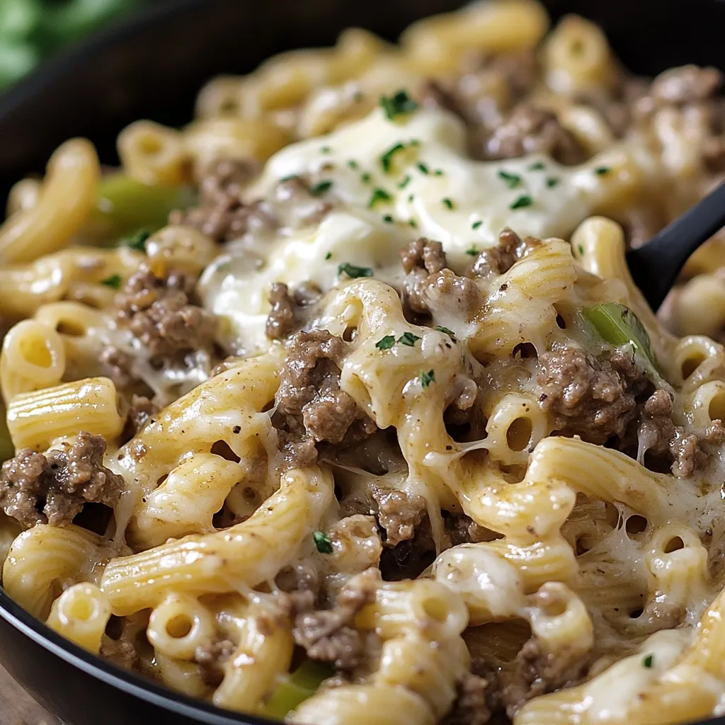 A bowl of pasta with meat and cheese.