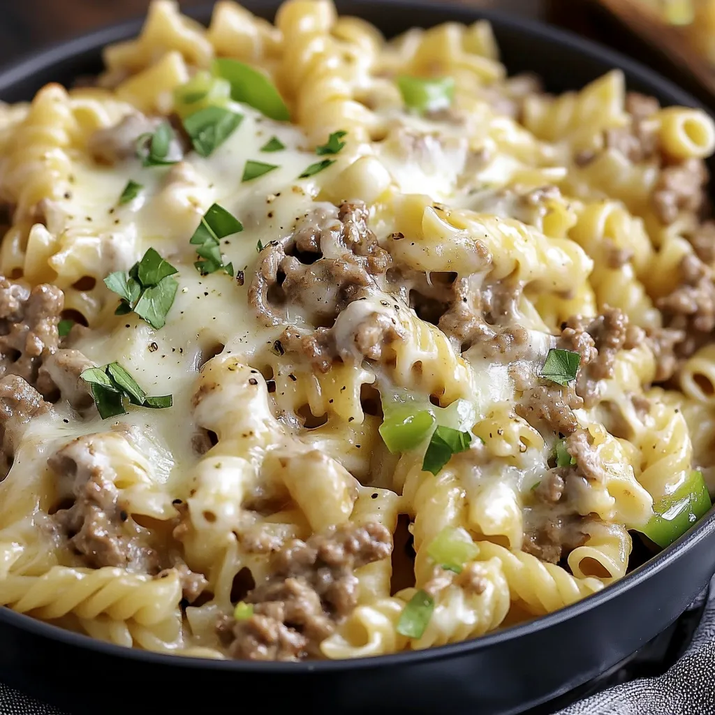 A bowl of pasta with meat and cheese.